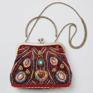 Vintage Burgundy Velvet Beaded Evening Bag / Clutch with Gemstones